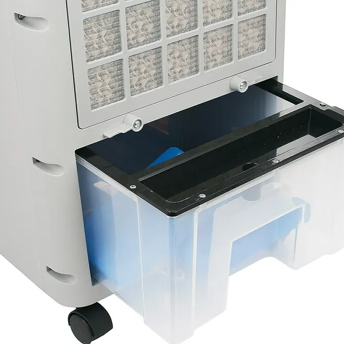 Voltomat Climatizador evaporativo - 12 l, Blanco/Negro, Altura: 83 cm - Enfriador de aire portátil gris claro con tanque de agua extraíble transparente que muestra agua azul, filtro de malla y ruedas.