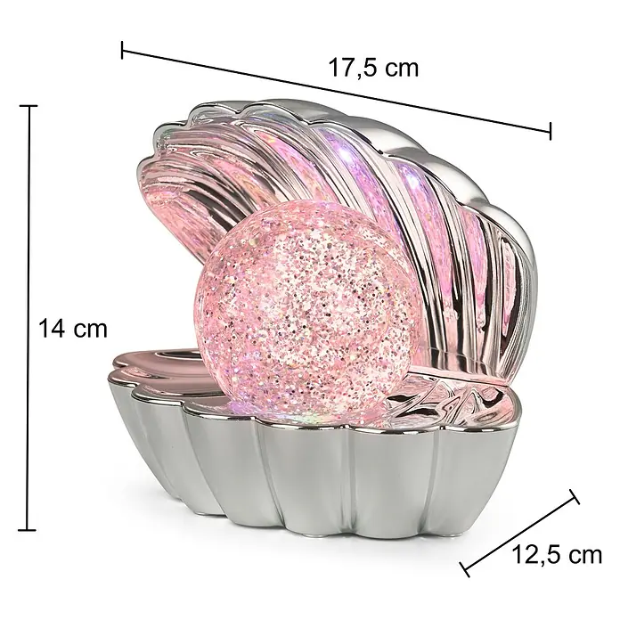 Trio Leuchten Deko-Tischleuchte Shelly - L x B x H: 12,5 x 17,5 x 14 cm, Silber - Ein irisierendes, pink-silbernes Muschelgehäuse mit einer glitzernden pinken Kugel darin. Ein Dekoartikel.