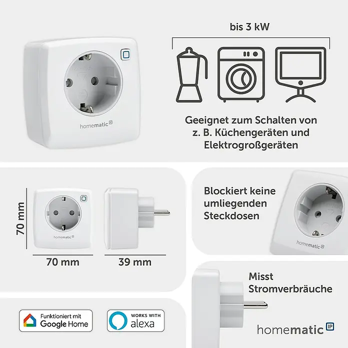 Homematic IP Smart-Steckdose Messgerät HmIP-PSM-2 - Innen, IP20, Weiß, 3.000 W, 13 A - Weißer Homematic IP Smart Plug, misst Stromverbrauch, kompakt, für Google Home & Alexa.