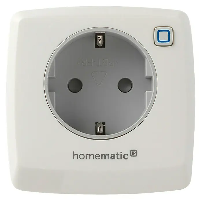 Homematic IP Smart-Steckdose HMIP-PS-2 - IP20, Weiß, 3.680 W, 13 A - Weiße Smart-Steckdose mit grauer Schuko-Buchse und Bedienknopf. Mit „homematic IP“-Branding.