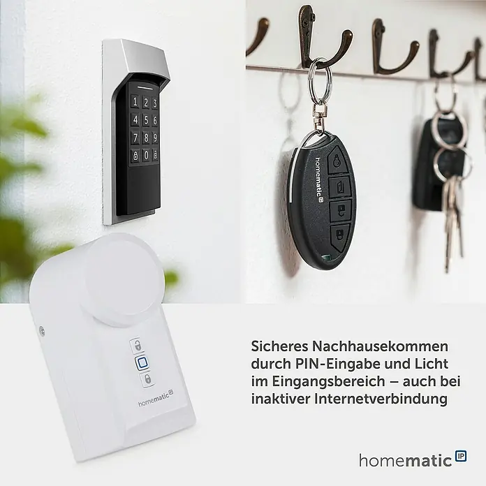 Homematic IP Funk-Türschlossantrieb HmIP-DLD - Weiß, Batteriebetrieben, 36 x 56 x 118 mm - Homematic Smart-Home-Geräte: ein wandmontiertes PIN-Tastaturfeld, eine Fernbedienung am Schlüsselhaken und ein weißer Sensor für sicheren Zugang und Lichtsteuerung.