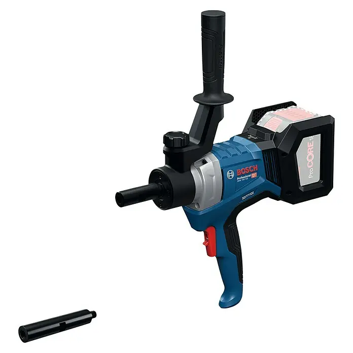 Bosch Professional Akku-Rührwerk GRW 18V-120 - 18 V, Anzahl Akkus: Ohne Akku - Blau-schwarzes Bosch Akku-Elektrowerkzeug mit ProCORE 18V Akku, Zusatzhandgriff und separatem schwarzem Zubehör.