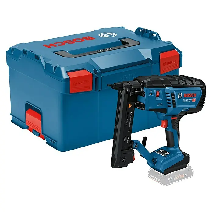 Bosch Professional Akku-Tacker GTH 18V-38 M PRO SOLO - 18 V, Ohne Akku, Klammertiefe: 10 mm - 38 mm - Blaue Bosch L-Boxx und ein blau-schwarzer Bosch Professional 18V Akku-Nagler.
