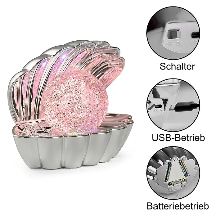 Trio Leuchten Deko-Tischleuchte Shelly - L x B x H: 12,5 x 17,5 x 14 cm, Silber - Schimmernde, muschelförmige Lampe mit rosa Glitzerkugel, betrieben über USB oder AAA-Batterien, inklusive Ein-/Ausschalter.