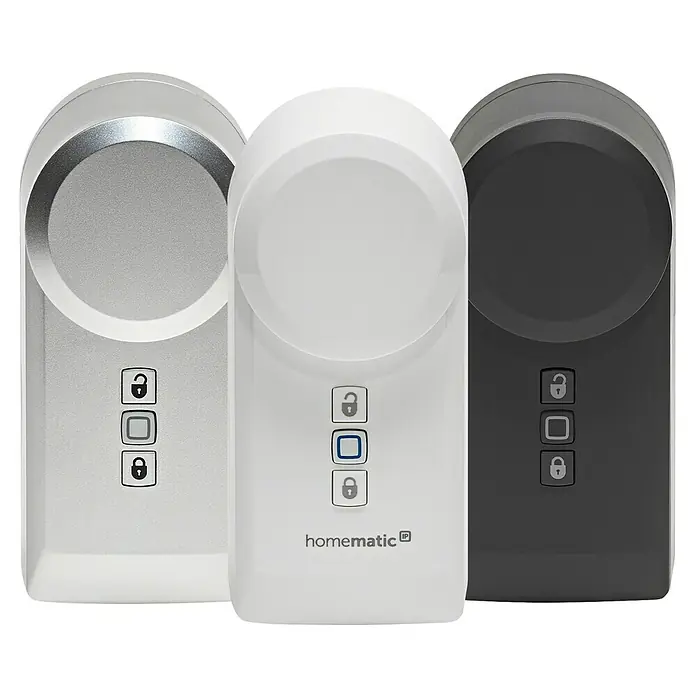 Homematic IP Cerradura inalámbrica - Blanco, Funciona con pilas, 36 x 56 x 118 mm - Tres cerraduras inteligentes Homematic IP en plata, blanco y antracita, con botones de bloqueo/desbloqueo.