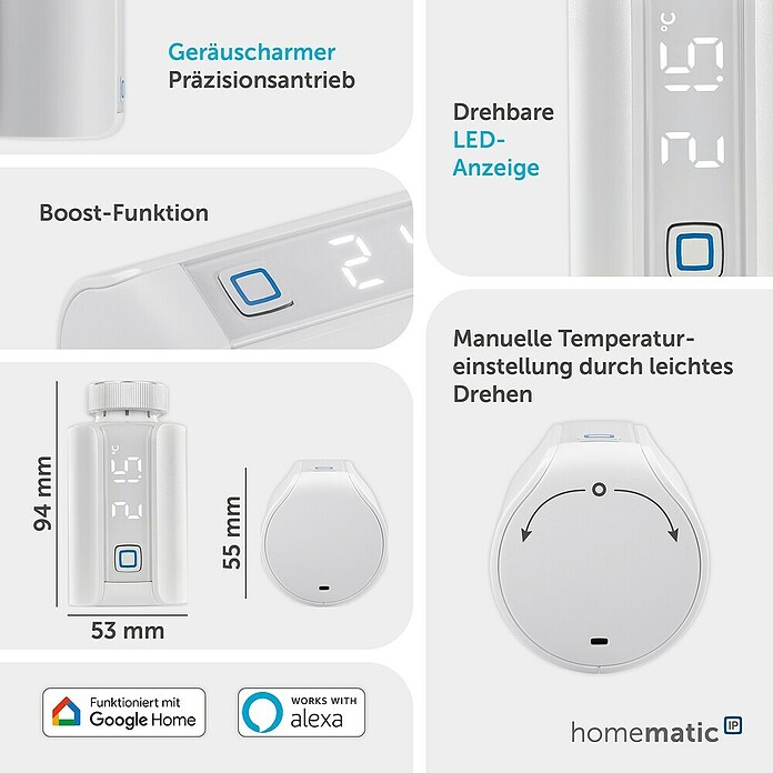 Homematic IP Heizkörper-Thermostat Evo HmIP-eTRV-E (Ventilanschluss: M30 x 1,5 mm, Batteriebetrieben, 94 x 53 x 55 mm, Weiß) | BAUHAUS