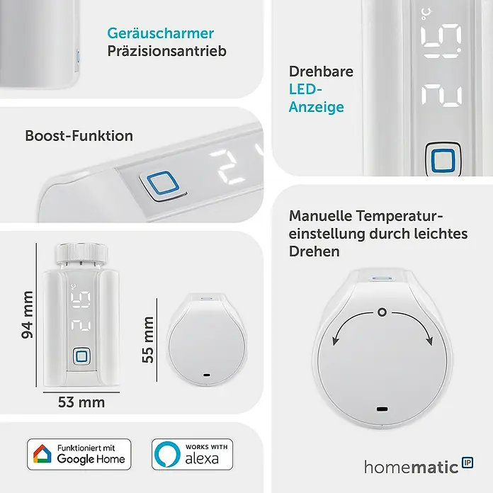 Homematic IP Heizkörper-Thermostat Evo HmIP-eTRV-E - Ventilanschluss: M30 x 1,5 mm, Batteriebetrieben, 94 x 53 x 55 mm, Weiß - Weißes Smart-Heizkörperthermostat mit digitalem Display, leisem Präzisionsantrieb und drehbarer Temperaturregelung. Kompatibel mit Google Home und Alexa.