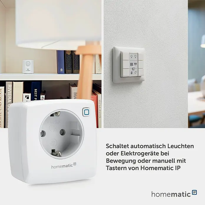 Homematic IP Smart-Steckdose Messgerät HmIP-PSM-2 - Innen, IP20, Weiß, 3.000 W, 13 A - Homematic IP Smart-Steckdose mit Bewegungsmelder und Wandtaster, steuert Lichter/Geräte automatisch oder manuell.