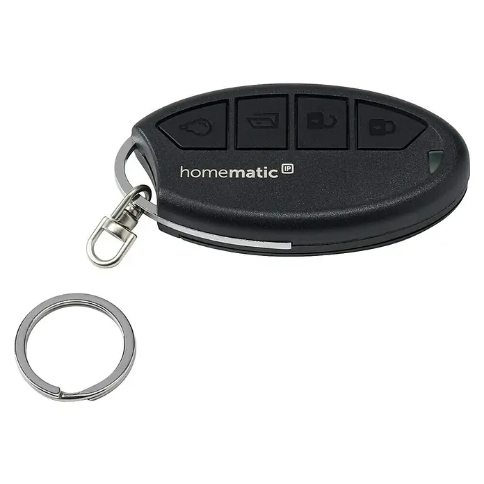Homematic IP Funkfernbedienung HmIP-KRCK - Passend für: Homematic IP Türschlossantrieb, Schwarz, 75 x 38 x 14 mm - Schwarze Homematic IP Smart Home Fernbedienung mit vier Tasten und einem silbernen Schlüsselring.