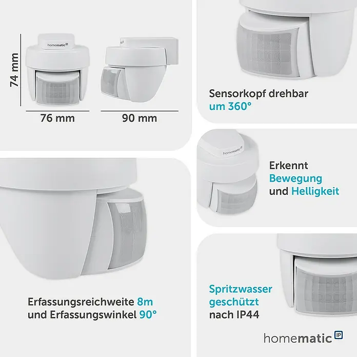 Homematic IP Bewegungsmelder HMIP-SMO-2 - Weiß, Erfassungsreichweite: 12 m, Erfassungswinkel: 90 ° - Weißer Homematic Bewegungs- und Helligkeitssensor, 74x76x90mm, mit 360° drehbarem Kopf und IP44 Spritzwasserschutz.