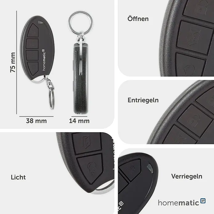 Homematic IP Funkfernbedienung HmIP-KRCK - Passend für: Homematic IP Türschlossantrieb, Schwarz, 75 x 38 x 14 mm - Schwarze Homematic IP Fernbedienung (75x38x14mm) mit Tasten für Verriegeln, Entriegeln, Öffnen und Lichtsteuerung.