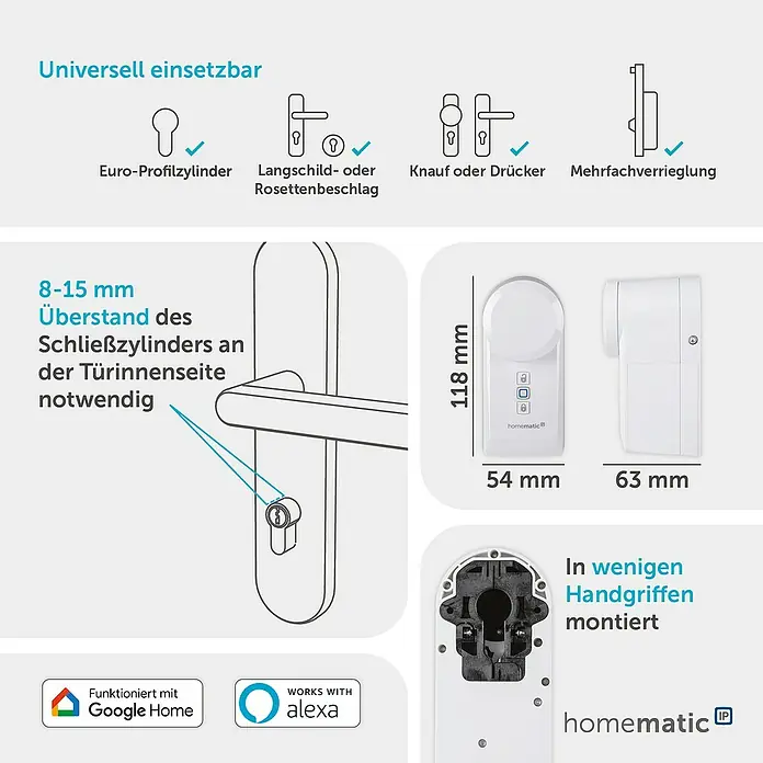 Homematic IP Funk-Türschlossantrieb HmIP-DLD - Weiß, Batteriebetrieben, 36 x 56 x 118 mm - Weißes Homematic IP Smart Lock mit Maßen, das universell mit Euro-Profilzylindern und anderen Türschlössern kompatibel ist.
