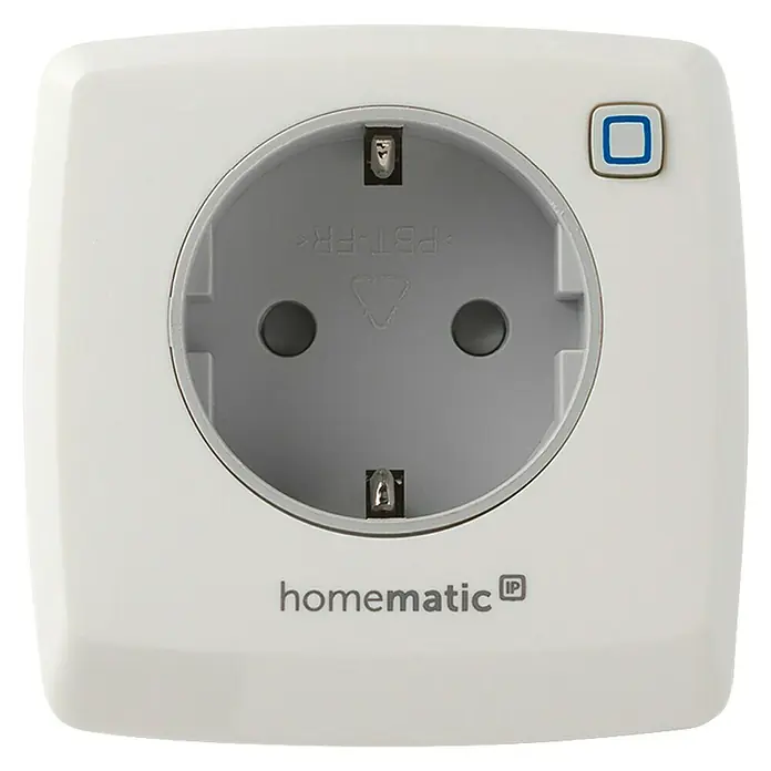 Homematic IP Smart-Steckdose Messgerät HmIP-PSM-2 - Innen, IP20, Weiß, 3.000 W, 13 A - Weißer Homematic IP Smart Plug mit Schuko-Steckdose und blauem Steuerknopf.