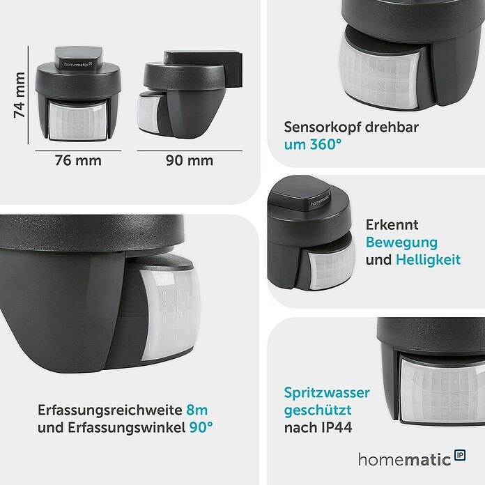 Homematic IP Bewegungsmelder HMIP-SMO-A-2 (Anthrazit, Erfassungsreichweite: 12 m, Erfassungswinkel: 90 °) | BAUHAUS