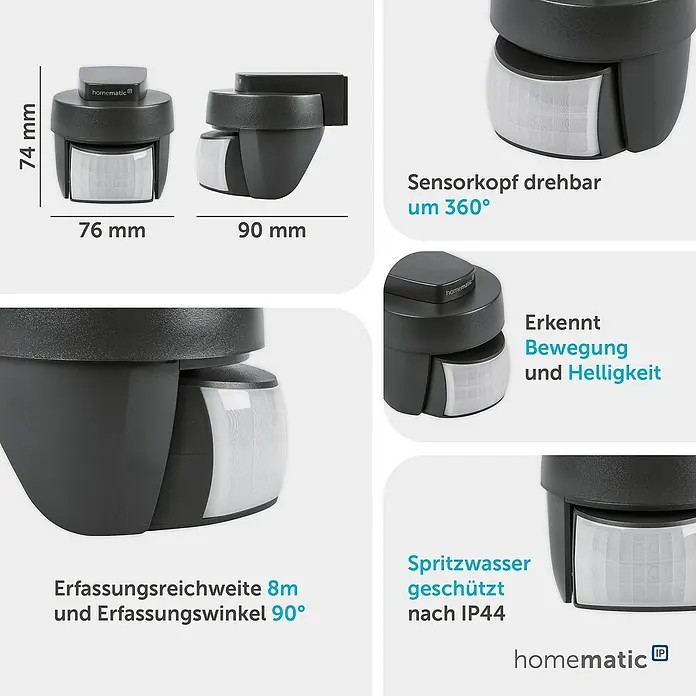Homematic IP Bewegungsmelder HMIP-SMO-A-2 - Anthrazit, Erfassungsreichweite: 12 m, Erfassungswinkel: 90 ° - Dunkelgrauer Homematic Bewegungsmelder mit weißer Linse, 360° schwenkbar. Erkennt Bewegung/Helligkeit (8m, 90°). Spritzwassergeschützt IP44.