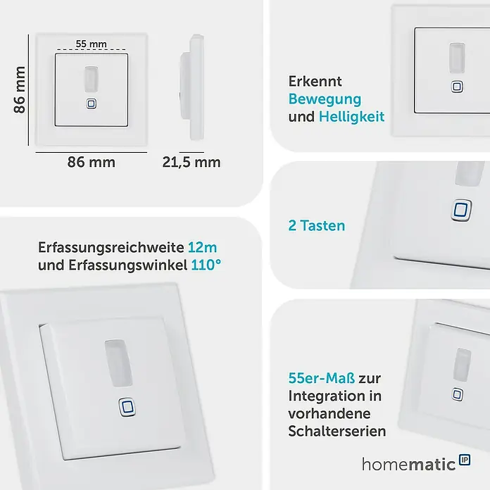 Homematic IP Bewegungsmelder HmIP-SMI55-2 - Weiß, Batteriebetrieben, 150 m - Weißer Smart-Home-Bewegungs- und Helligkeitssensor mit zwei Tasten, 86x86mm, zur Integration in 55er-Schalterserien.
