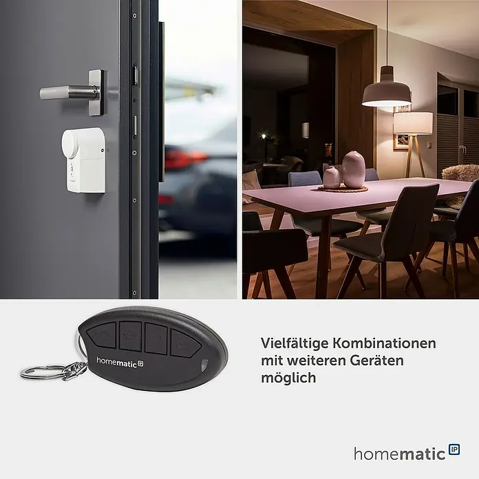 Homematic IP Funkfernbedienung HmIP-KRCK - Passend für: Homematic IP Türschlossantrieb, Schwarz, 75 x 38 x 14 mm - Weißer Smart Home Türsensor, schwarzer Fernbedienungsschlüssel und smarte Beleuchtung in einem modernen Wohnbereich.