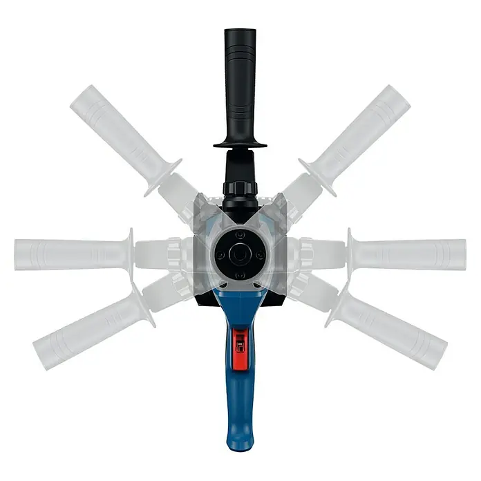 Bosch Professional Akku-Rührwerk GRW 18V-120 - 18 V, Anzahl Akkus: Ohne Akku - Blau-schwarzer Bohrhammer mit rotem Abzug und schwarzem Zusatzgriff in mehreren einstellbaren Positionen.