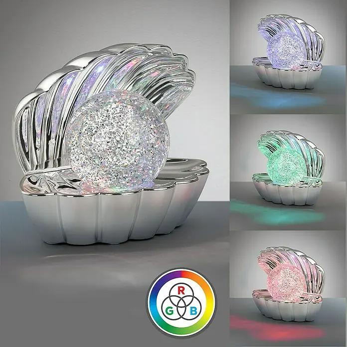 Trio Leuchten Deko-Tischleuchte Shelly - L x B x H: 12,5 x 17,5 x 14 cm, Silber - Silberne muschelförmige RGB LED-Lampe mit Glitzerkugel, leuchtet in verschiedenen Farben.