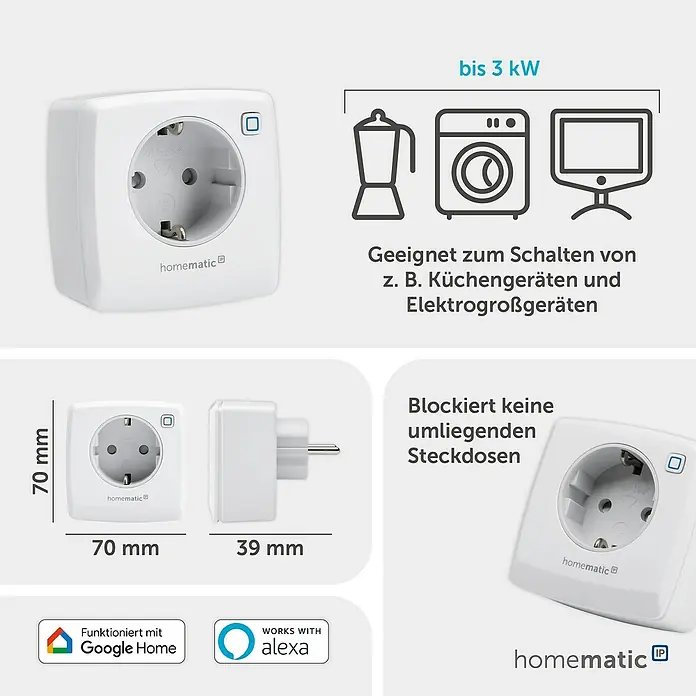 Homematic IP Smart-Steckdose HMIP-PS-2 - IP20, Weiß, 3.680 W, 13 A - Weißer Homematic IP smarter Zwischenstecker, 70x70x39mm, zum Schalten von Geräten bis 3 kW.