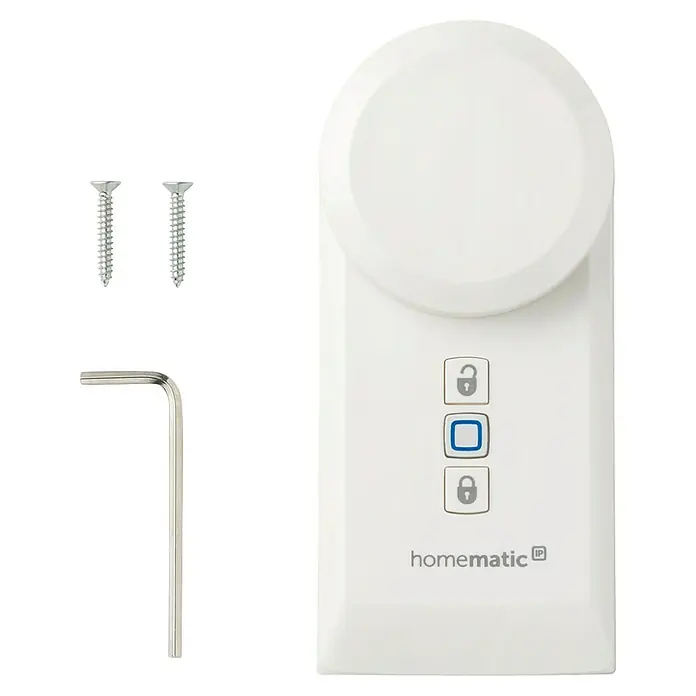 Homematic IP Funk-Türschlossantrieb HmIP-DLD - Weiß, Batteriebetrieben, 36 x 56 x 118 mm - Weißes Homematic IP Smart-Home-Gerät mit drei Bedientasten, zwei Schrauben und einem Innensechskantschlüssel zur Installation.