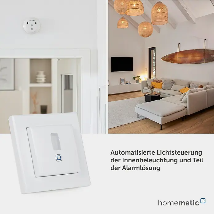 Homematic IP Bewegungsmelder HmIP-SMI55-2 - Weiß, Batteriebetrieben, 150 m - Weiße Smart-Home-Geräte zur automatisierten Lichtsteuerung und als Teil einer Alarmlösung, dargestellt in einem Wohnzimmerambiente.