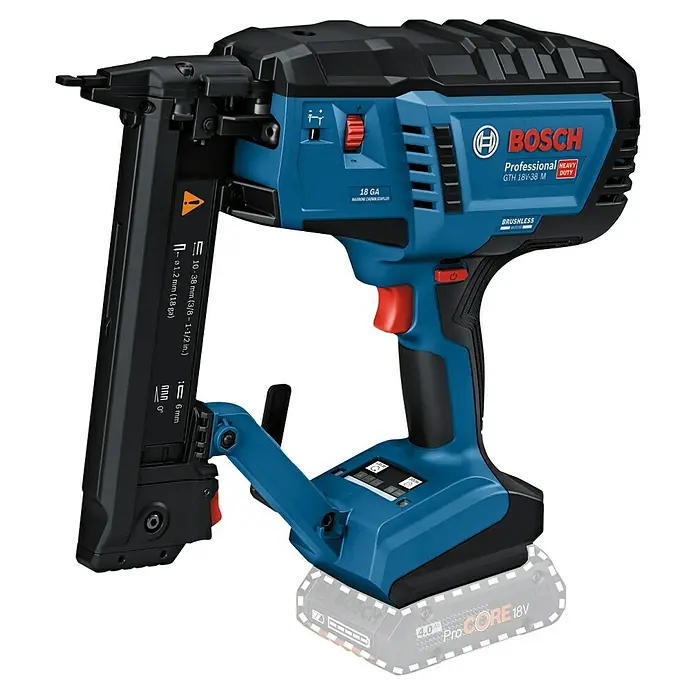 Bosch Professional Akku-Tacker GTH 18V-38 M PRO SOLO - 18 V, Ohne Akku, Klammertiefe: 10 mm - 38 mm - Blauer und schwarzer Bosch Professional 18V Akku-Klammernagler (GTH 18V-38 M) für 18 GA Schmalrückenklammern.