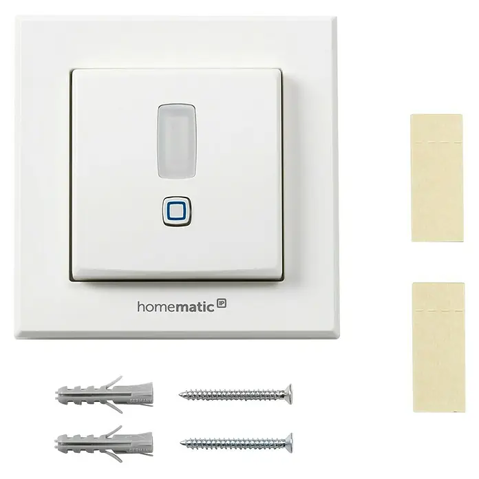 Homematic IP Bewegungsmelder HmIP-SMI55-2 - Weiß, Batteriebetrieben, 150 m - Weißer Homematic IP Smart-Wandschalter mit Anzeige und Taste, inklusive zwei Dübeln und zwei Schrauben zur Montage.