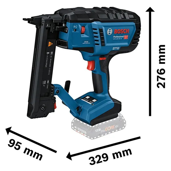 Bosch Professional Akku-Tacker GTH 18V-38 M PRO SOLO - 18 V, Ohne Akku, Klammertiefe: 10 mm - 38 mm - Blauer/schwarzer Bosch Professional GTH 18V-38 M Akku-Klammernagler 18 GA. Maße: 276x329x95 mm.