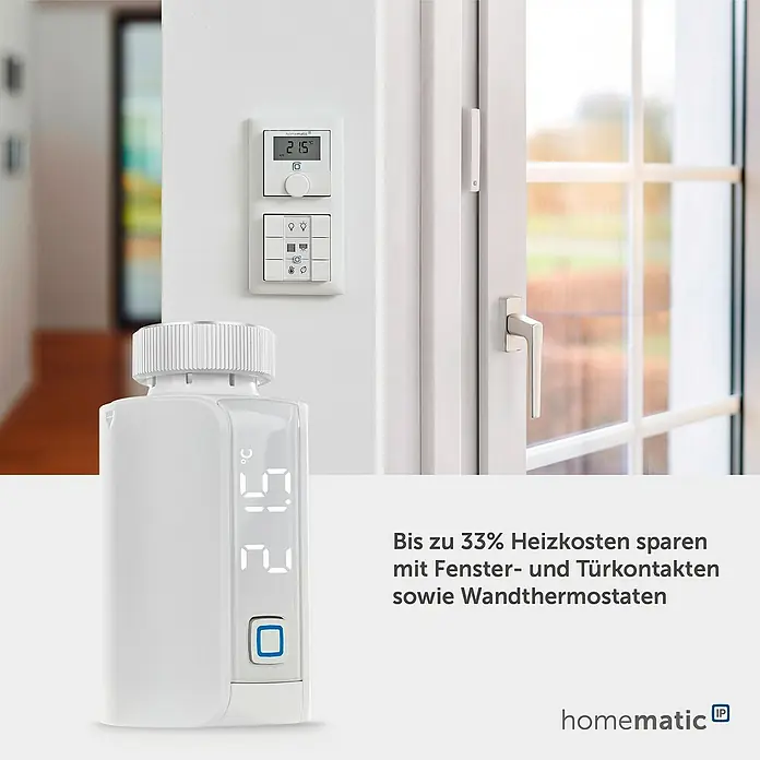 Homematic IP Heizkörper-Thermostat Evo HmIP-eTRV-E - Ventilanschluss: M30 x 1,5 mm, Batteriebetrieben, 94 x 53 x 55 mm, Weiß - Weißer smarter Heizkörperthermostat, Wandthermostat (21.5°C) und Fensterkontakt für energieeffiziente Smart Home Heizungssteuerung.