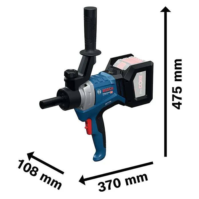Bosch Professional Akku-Rührwerk GRW 18V-120 - 18 V, Anzahl Akkus: Ohne Akku - Blau-schwarzer Bosch Professional Akku-Mischer mit Akku, Zusatzhandgriff und Maßen (475x370x108mm).