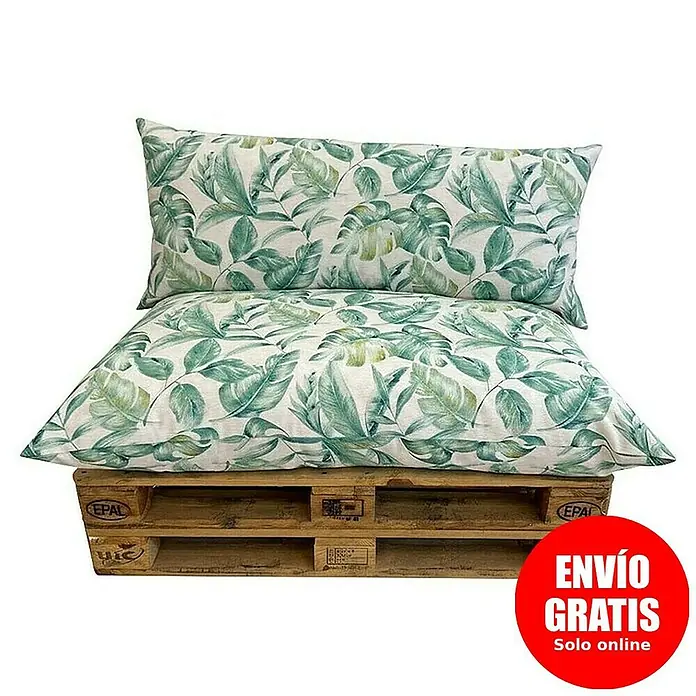 Set cojines para palet Hojas multicolor - 120 x 80 x 16 cm, Multicolor, 50% algodón 50% poliéster, 2 ud. - Conjunto de cojines de exterior de dos piezas con estampado de hojas verdes sobre un palet de madera.