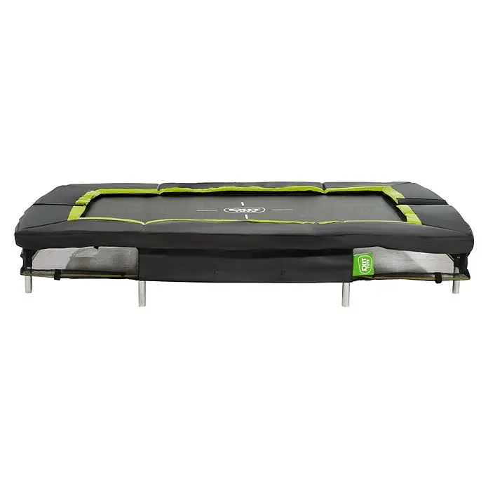Exit Toys Trampolin Silhouette Sports - L x B x H: 214 cm x 153 cm x 20 mm, Schwarz - Rechteckiges Trampolin mit schwarzem Sprungtuch, schwarz-limettengrün gepolstertem Rahmen, schwarzem Sicherheitsnetz und silbernen Beinen.