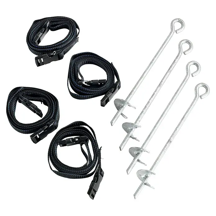 Exit Toys Trampolin-Verankerungsset - 4 Stk., Stahl - Set aus schwarzen Spanngurten mit Schnallen und silbernen Erdankern zum Sichern von Outdoor-Gegenständen.