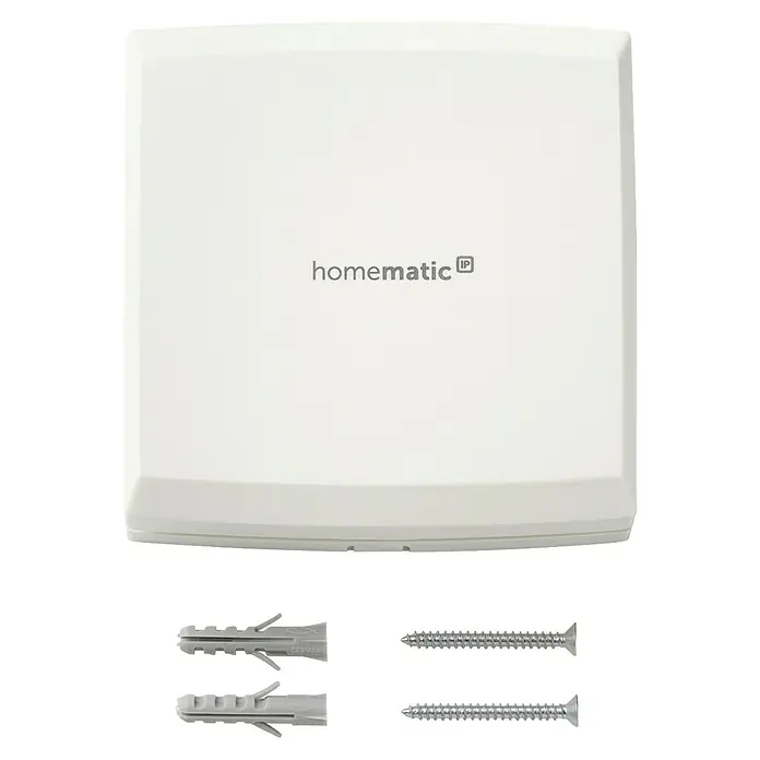 Homematic IP Smartphone-Garagentoröffner HmIP-WGC - 30,5 x 85 x 85 mm - Weißes Homematic IP Smart-Home-Gerät mit zwei grauen Dübeln und zwei silbernen Schrauben zur Montage.