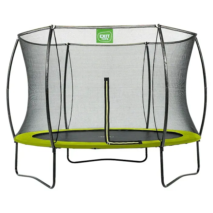 Exit Toys Trampolin Silhouette - Durchmesser: 244 cm, Grün - Rundes Trampolin mit schwarzer Sprungmatte, leuchtend grüner Randabdeckung und schwarzem Sicherheitsnetz mit gelbem Reißverschluss und „EXIT TOYS“-Logo.