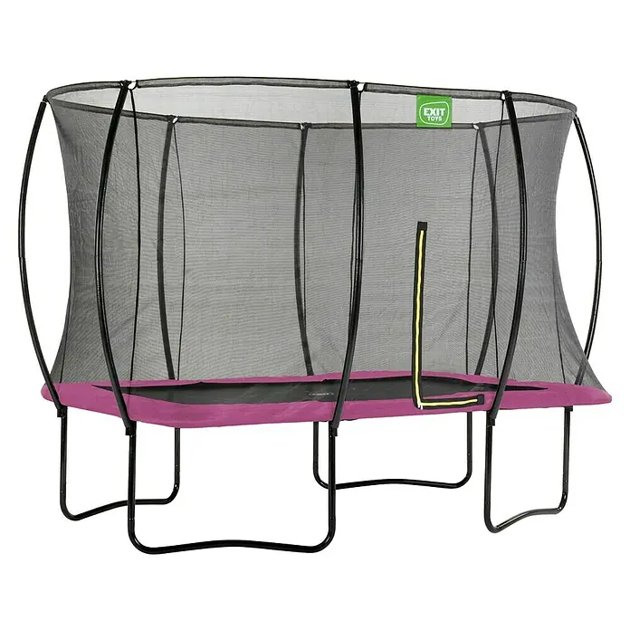 Exit Toys Trampolin Silhouette - L x B x H: 366 x 244 x 274 cm, Rosa - Rechteckiges Trampolin mit violetter Randabdeckung, schwarzem Sicherheitsnetz, schwarzem Rahmen und gelbem Reißverschlusszugang.