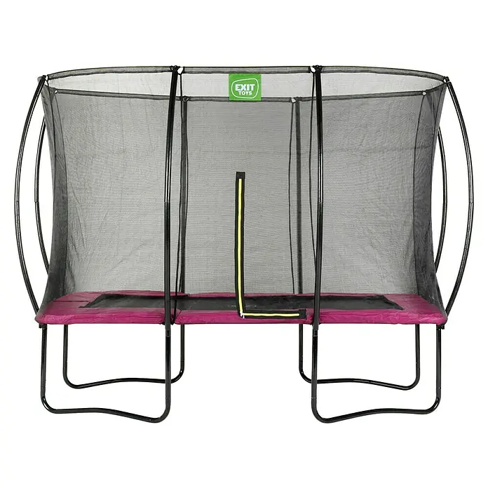 Exit Toys Trampolin Silhouette - L x B x H: 305 x 214 x 262 cm, Rosa - Rechteckiges Trampolin mit schwarzem Sicherheitsnetz, lila Federpolsterung, schwarzer Sprungmatte und gelbem Reißverschluss-Eingang.