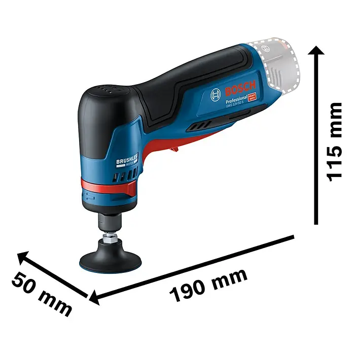Bosch Professional Geradschleifer GWG 12V-50 S PRO SOLO - Leerlaufdrehzahl: 5.000 U/min - 15.000 U/min - Blauer und schwarzer Bosch Professional Akku-Geradschleifer mit kleinem Schleifpad, mit bürstenlosem Motor.