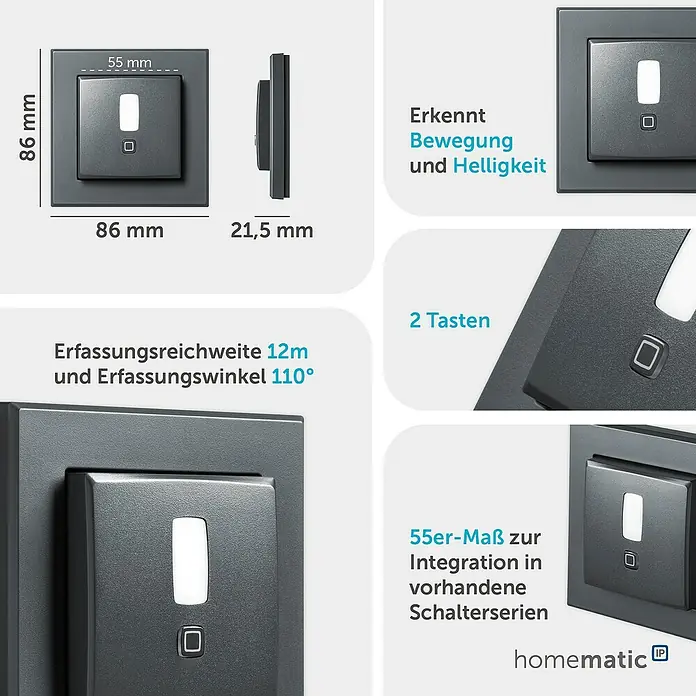 Homematic IP Bewegungsmelder HmIP-SMI55-A - Anthrazit, Batteriebetrieben, 150 m - Dunkelgrauer Smart-Home-Bewegungssensor und -Schalter mit 2 Tasten, 55mm Standard, erkennt Bewegung und Helligkeit.