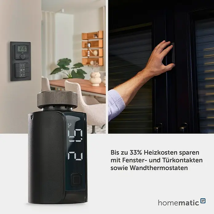 Homematic IP Heizkörper-Thermostat Evo HmIP-eTRV-E-A - Ventilanschluss: M30 x 1,5 mm, Batteriebetrieben, 94 x 53 x 55 mm, Anthrazit - Schwarze Smart-Home-Heizungskomponenten: Wandthermostat, Heizkörperthermostat und eine Hand, die einen Fenster-/Türkontaktsensor bedient.