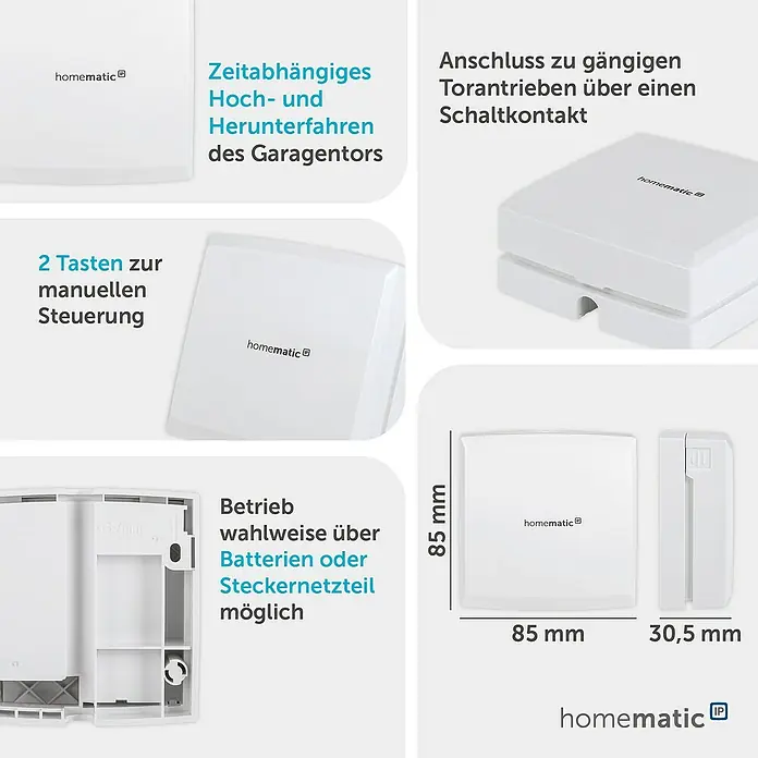 Homematic IP Smartphone-Garagentoröffner HmIP-WGC - 30,5 x 85 x 85 mm - Weißes Homematic IP Smart-Garagentorsteuergerät (85x85x30,5mm) mit Tasten und dualen Stromoptionen.