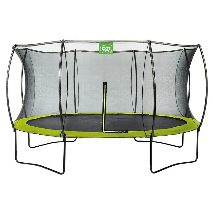Exit Toys Trampolin Silhouette - Durchmesser: 427 cm, Grün - Rundes Trampolin mit schwarzem Sprungtuch, limettengrünem Schutzrand und schwarzem Sicherheitsnetz mit grünen Akzenten.