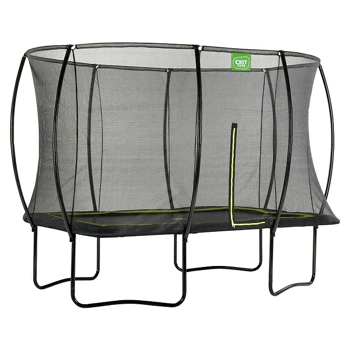 Exit Toys Trampolin Silhouette - L x B x H: 305 x 214 x 262 cm, Schwarz - Rechteckiges schwarzes Trampolin mit Sicherheitsnetz, grünen Akzenten an Matte und Reißverschluss.