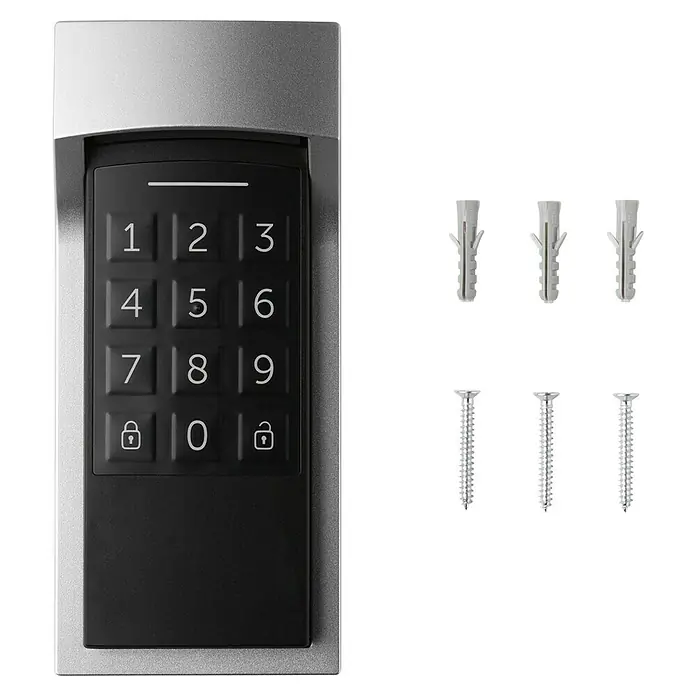 Homematic IP Tastenfeld Keypad HmIP-WKP - Batteriebetrieben - Digitales Tastenfeldschloss in Silber-Schwarz mit Zubehör: drei Dübel und drei Schrauben zur Montage.