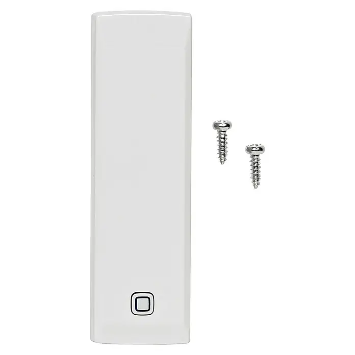 Homematic IP Erschütterungssensor & Neigungssensor HmIP-STV - Batteriebetrieben, 20 x 25 x 85 mm - Weißes rechteckiges Gerät mit quadratischem Knopf-Symbol und zwei silbernen Schrauben.