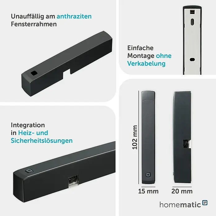 Homematic IP Fenster- & Türsensor HmIP-SWDO-A - Anthrazit, Batteriebetrieben, 102 x 15 x 20 mm - Dunkelgrauer, rechteckiger Homematic IP Smart Home Sensor (102x15x20mm) für Heiz- und Sicherheitslösungen, drahtlos am Fensterrahmen montierbar.