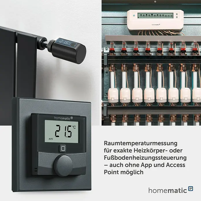 Homematic IP Funk-Raumthermostat mit Luftfeuchtigkeitssensor HmIP-WTH-A - Anthrazit, Batteriebetrieben, 86 x 86 x 23,5 mm - Homematic IP Smart-Heizungssteuerungskomponenten: ein schwarzes Heizkörperthermostat, ein graues Wandthermostat und eine weiße Fußbodenheizungssteuerung.