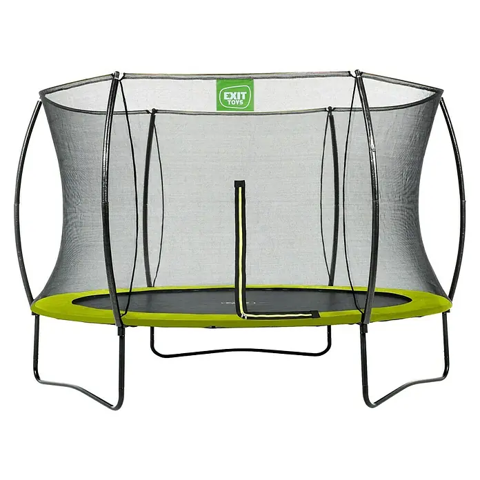 Exit Toys Trampolin Silhouette - Durchmesser: 305 cm, Grün - Trampolin mit schwarzer Sprungmatte, leuchtend grüner Randabdeckung und schwarzem Sicherheitsnetz mit Reißverschluss, gestützt von schwarzen Stangen.