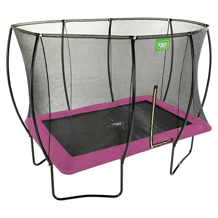 Exit Toys Trampolin Silhouette - L x B x H: 366 x 244 x 274 cm, Rosa - Rechteckiges Trampolin mit violetter Schutzpolsterung, schwarzem Sicherheitsnetz und gelbem Reißverschluss.